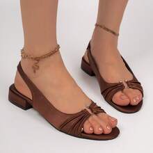 Women's French Roman-Style Open-Toe Slingback Sandals, Satin Ruched Backless Mid-Heel Chunky Heel Strap Sandals For College, Commute And Office, Summer New Style, Comfortable - Brown - View 3
