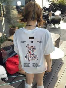 夏季新款 Z 世代 Y2K 風格女款趣味設計熊圖案圓領短袖休閒 T 恤 - 白色 - 查看 4