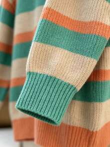 Sweater Rajut Longgar Berkerah Bulat dengan Motif Garis-Garis Blok Warna Musim Gugur/Dingin, Atasan Rajut Serbaguna - Jeruk - View 4