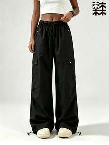 mulinsen Women's Elastic Waist Multi-Pocket Cargo Pants, Loose Wide Leg Drawstring Hem Casual Streetwear Long Pants - Black - View 3