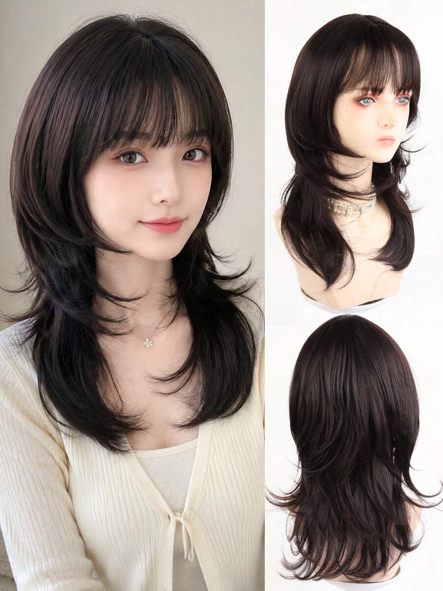 45CM Women's Medium-Long Fluffy Wolf Tail Synthetic Wig With Bangs, Matte Heat-Resistant Fiber, Lolita Style, Suitable For Daily Wear, Party, Cosplay