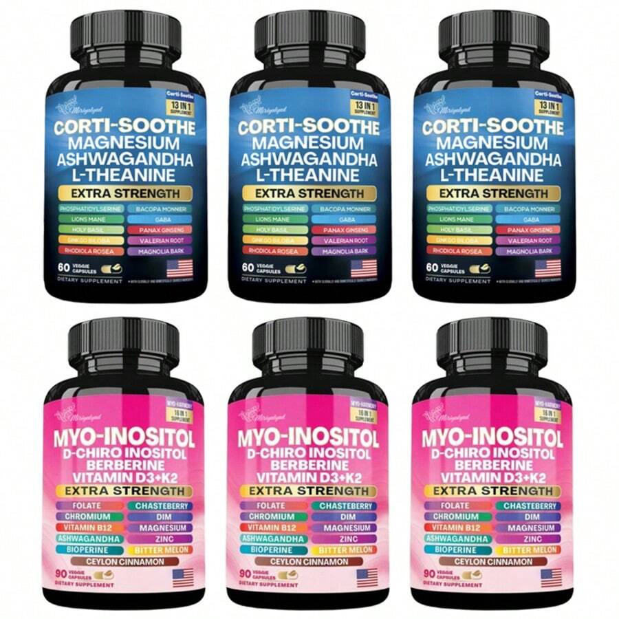 Miriyalyad Rhodiola Valerian Root Cortisol Relief Capsule Pack Paired With Chasteberry Ceylon Cinnamon Inositol Berberine Formula, Vegan Supplement Bundle For Daily Stress Reduction & Hormone Maintenance - 3套 - 查看 1