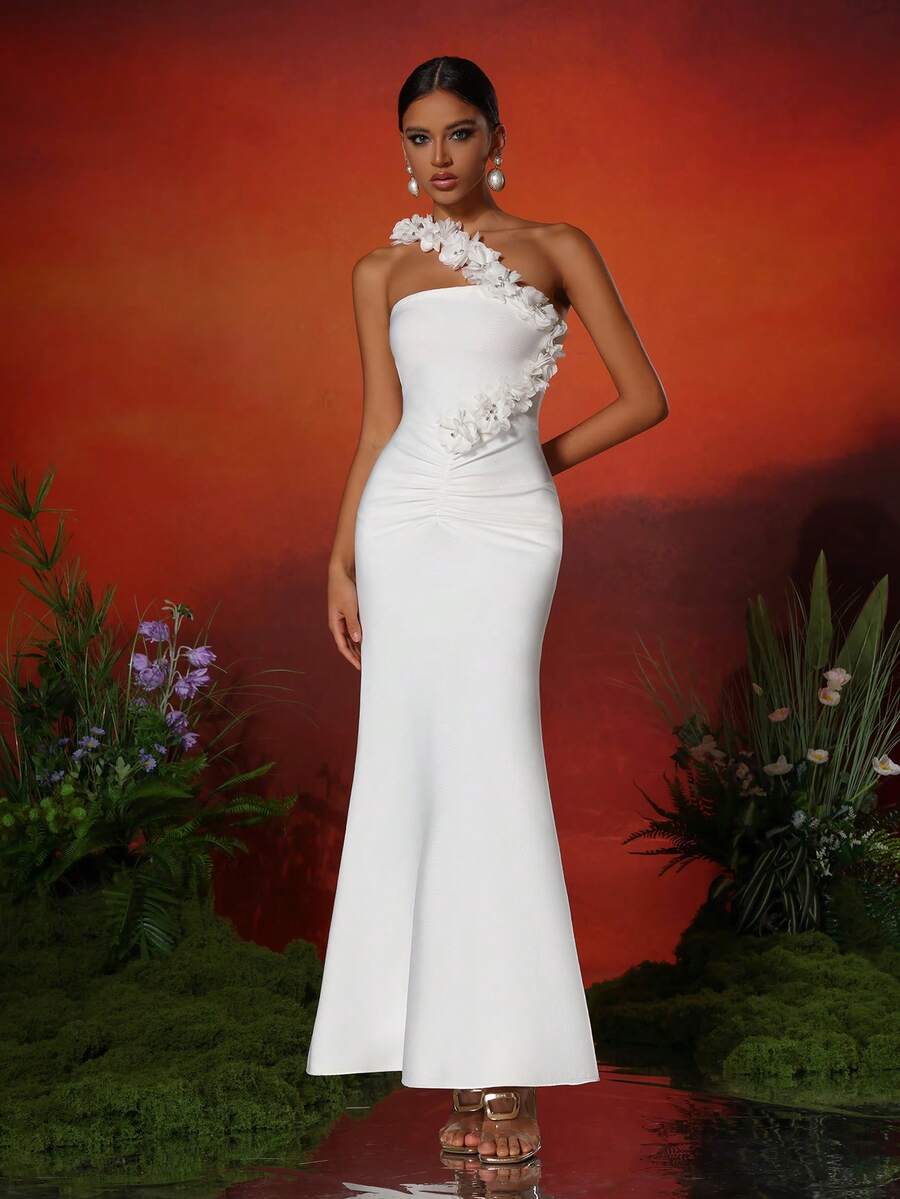 Love Aing Women's Elegant Romantic Pure White 3D Floral One-Shoulder Sleeveless Ruched A-Line Wedding Birthday Party Evening Mermaid Dress - White - View 1