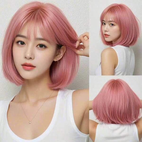 Wig Lurus Warna Pink 12 Inci, Wig Sintetis Tahan Suhu Tinggi untuk Wanita dengan Poni, Gaya Cosplay Karnaval Pesta Halloween Natal Bervolume dan Modis untuk Wanita