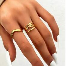 2pcs/Set Multi-Layer Line Stainless Steel Open Ring Set, Women's Stackable Rings, Suitable For Gifts - 2-piece Set - View 1