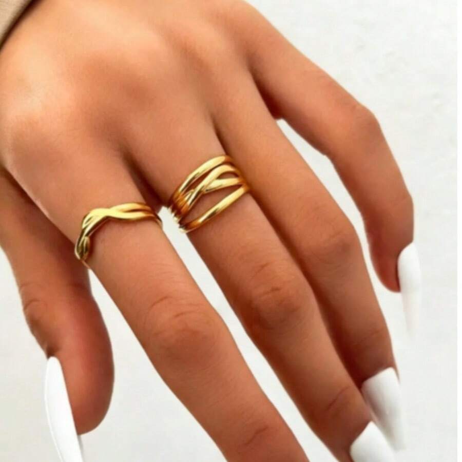 2pcs/Set Multi-Layer Line Stainless Steel Open Ring Set, Women's Stackable Rings, Suitable For Gifts - 2-piece Set - View 1