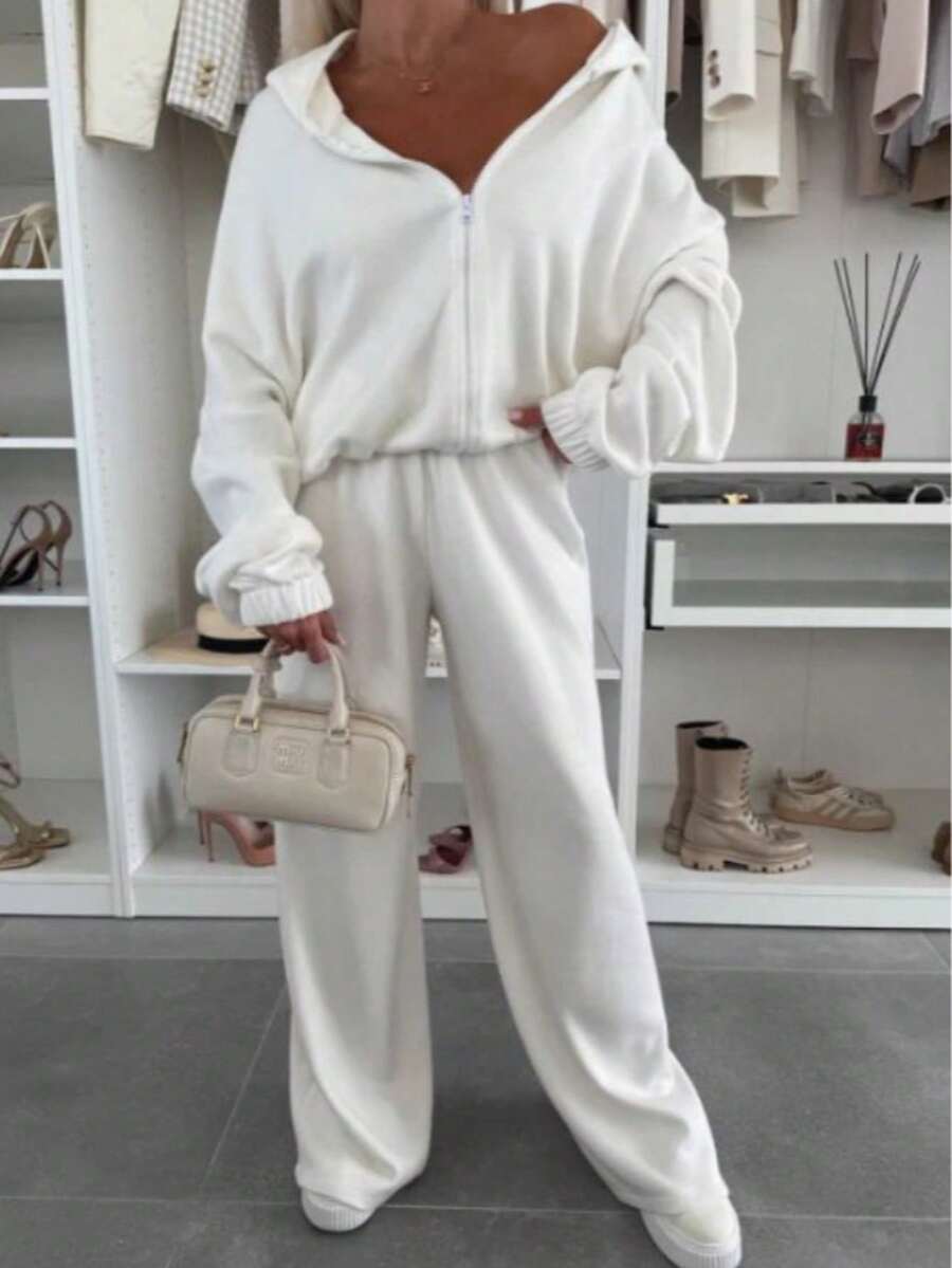Women's White Loose 2 Pieces Set, Zip-Up Hoodie And Wide Leg Pants, Perfect Autumn Loungewear - White - View 1