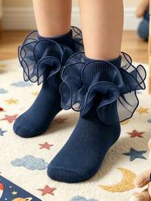1 Pair Girls Socks Children Ruffle Pleated Lace Princess Baby Socks - Navy Blue - View 2