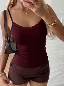 NOIRLYN Women's Tank Top Spring/Summer Y2K Sexy Slim Fit Lace Patchwork Camisole - Brick Red - View 6