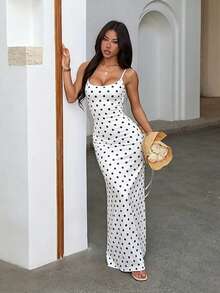 Women's Summer White Spaghetti Strap Polka Dot Print Fitted Dress, Casual Vacation Style - White - View 3