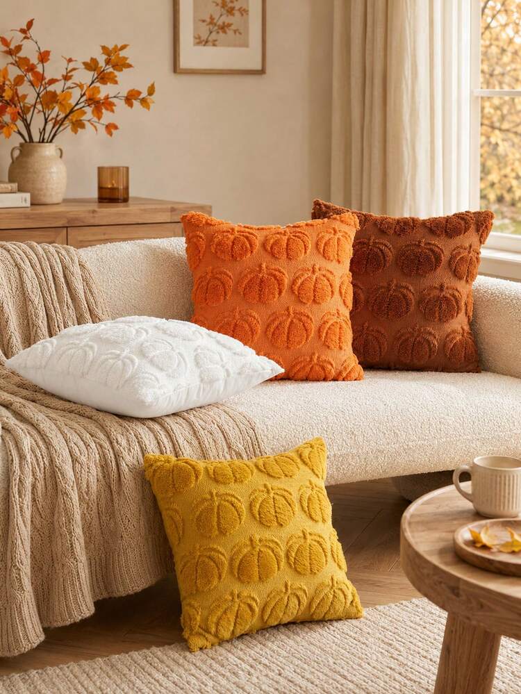 1pc/2pcs Autumn Pumpkin Embroidered Decorative Throw Pillow Covers, Soft Plush Faux Wool Halloween Pillowcases For Home Sofa Bedroom Chair - Orange - View 4
