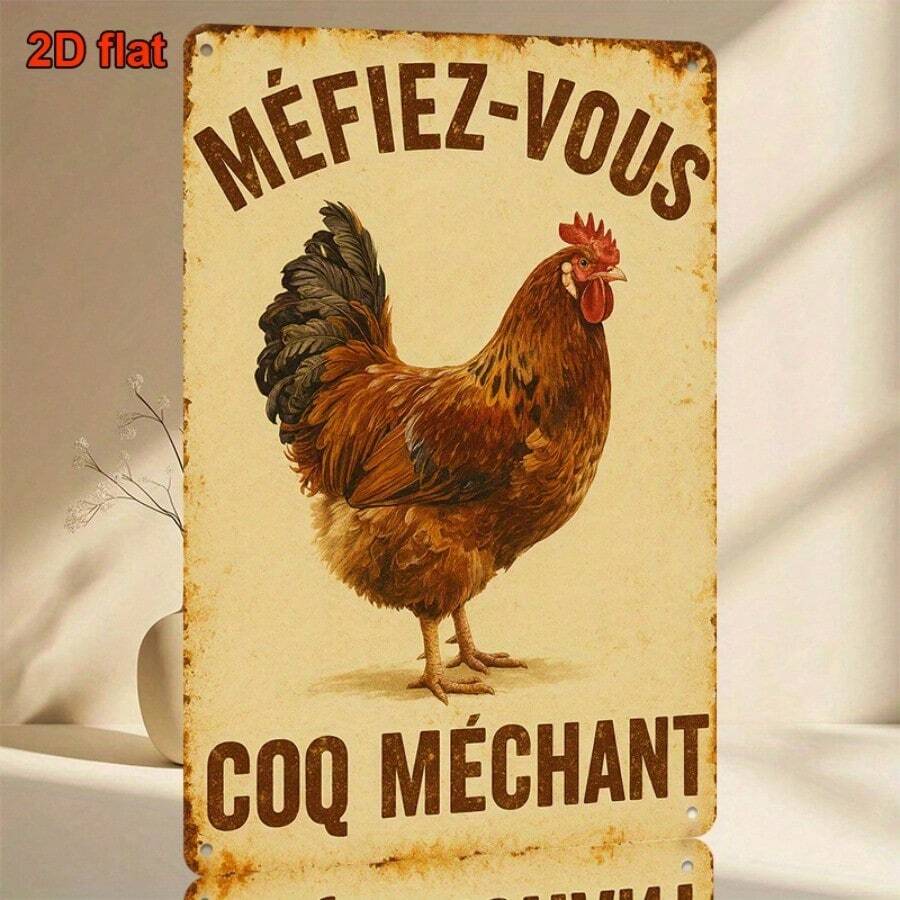 2D Flat, 1pc Metal Sign, Vintage French Rooster Metal Sign - 20x30 cm Rustic Farmhouse Decor with "Méfiez-Vous" Warning Label - Iron Construction for Kitchen, Office, Bar, Cafe Wall Art - Easy Hang Installation - Unique Gift Idea, Room Decor - 1PC - Übersicht 1