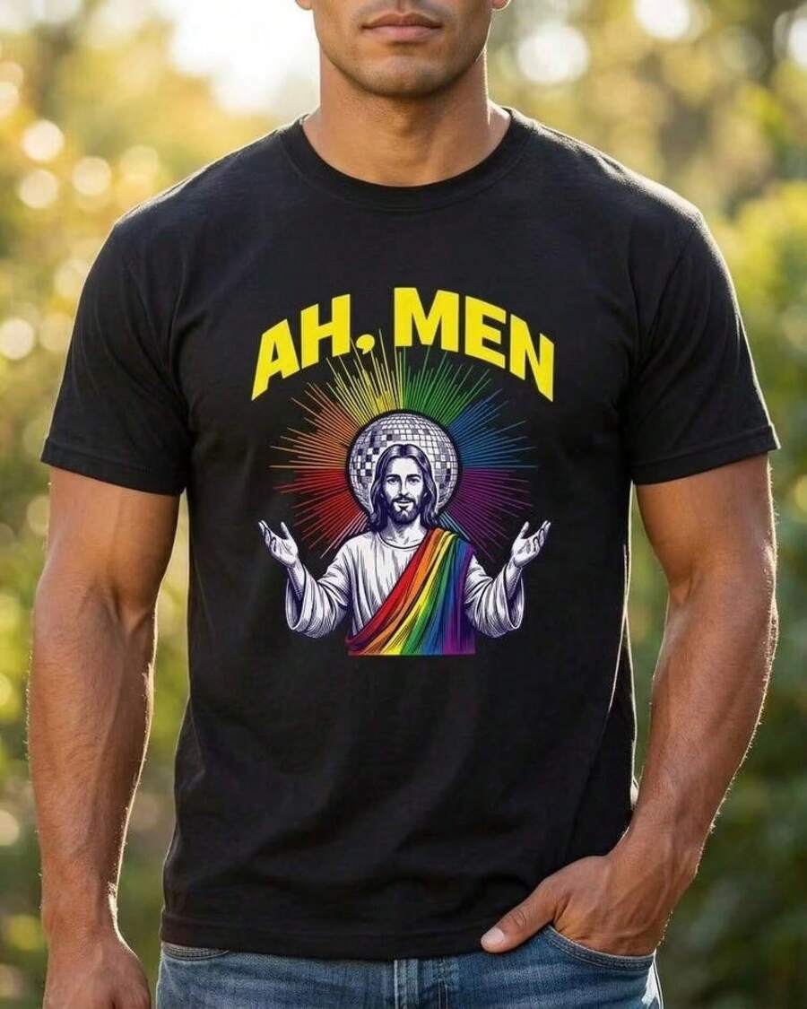 Unisex Funny Gay‑Jesus Pride‑Month‑Print Casual‑Tee. Queer‑Theme Short‑Sleeve Top For Pride‑Festival‑Daily‑Outfits.Streetwear - Black - View 1