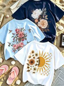 Tween Girl 3-Piece Floral Print Short Sleeve T-Shirt Set, Suitable For Tween GirlsSummer Tops, Young Student Children's Clothing - Multicolor - View 1