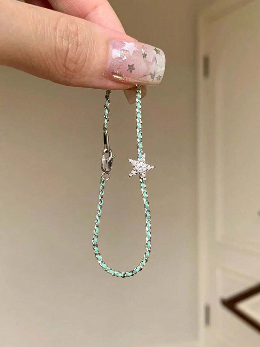 1pc Elegant Minimalist Mint Green Braided Bracelet With Star Pendant Design (Women's Style) - Blue-green - View 1