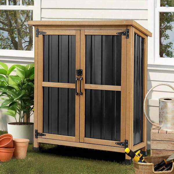 Armario de almacenamiento exterior resistente a la intemperie con puertas con cerradura, cobertizo de jardín de madera y metal, caja de almacenamiento para patio para herramientas, equipos de jardinería y accesorios de piscina