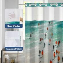No Hook Shower Curtain With Snap In Liner, Abstract Coastal Art Print, Waterproof Fabric Bath Curtain With See Through Top, Modern Ocean Vibe Bathroom Decor, 71W X 74H - Beach Scene - View 2