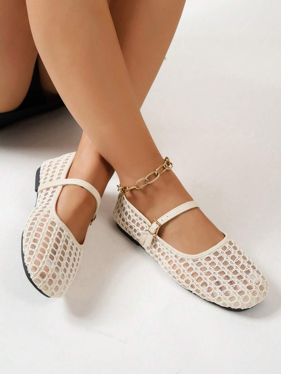 Summer New Ballet Style Flat Shoes For Women, Mesh Buckle Design, Suitable For Daily Wear And Commuting - White - View 1