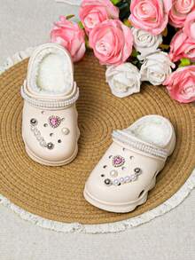 HOEASE Girls' Winter Plush Lined Garden Clogs, EVA Soft Sole Indoor Slippers, Slip-On Design, Suitable For Cold Weather, Ideal Gift For Halloween And Christmas - Beige - View 3