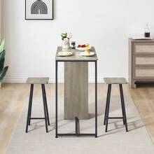 Set de comedor alto de 3 piezas - Mesa de bar pequeña de 91 cm con estantes de almacenamiento - 2 taburetes altos - Estilo industrial moderno - Perfecto para cocina, desayunador o apartamentos - Gris - Ver 4