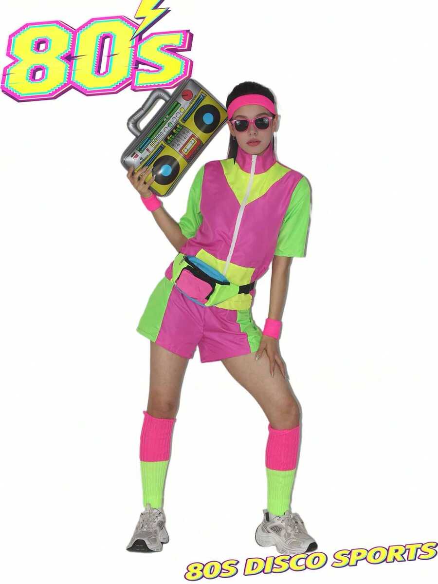 Women's 80s Retro Aerobics Costume, Color Block Zip Up Top & Shorts Set, 90s Workout Outfit For Halloween Cosplay Party Fall - Hot Pink - View 1