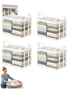 4pcs Transparent White Edge Storage Bags, Dual Handle Portable Easy Loading, Dust-Proof & Moisture-Proof Organizer Bags, Large Capacity Durable Foldable, Easy Storage & Classification, Suitable For Bedroom, Classroom And Dormitory Book Moving - White - View 10