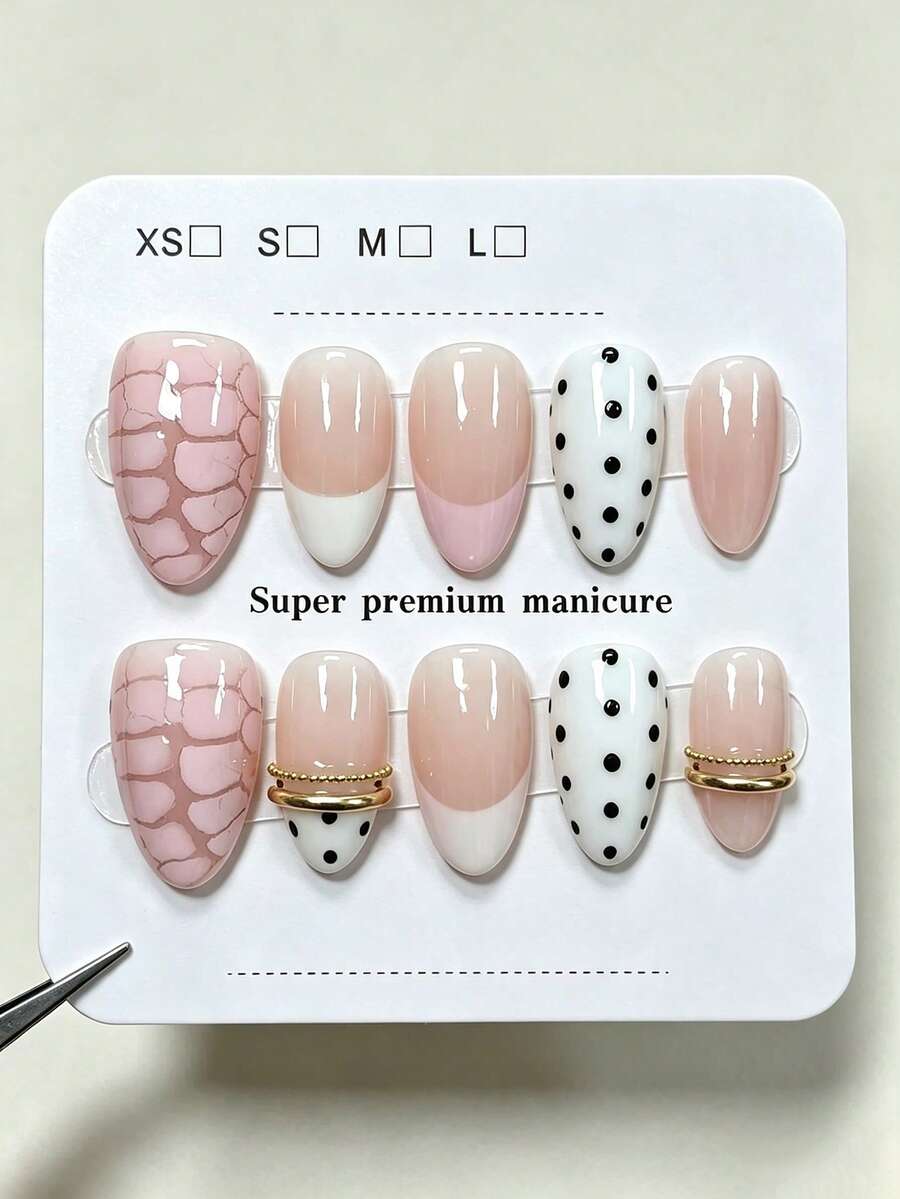 10 Peças Unhas Postiças em Formato de Amêndoa Feitas à Mão, Estilo Francês Vintage Doce Suave, Degradê Rosa, Estampa de Crocodilo Rosa e Bolinhas Pretas com Padrão de Anel Dourado Metálico, Adequado para Mulheres e Meninas, Primavera, Verão, Outono, Inverno, Festa de Feriado e Uso Diário - Rosa chiclete - Visão 1