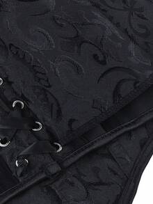 Black Jacquard Strap Corset Bustier Top Ribbon Bow Decor Lace-Up Front Boned Waist Trainer, Side Zipper Slim Versatile Shapewear Halloween - Black - View 7