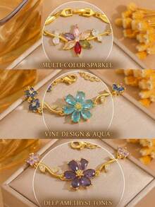 3pcs/Set Colorful Zirconia Flower Bracelet, 18K Gold Plated Luxury Floral Colorful Diamond Petal Thin Bracelet For Women - Gold - View 4