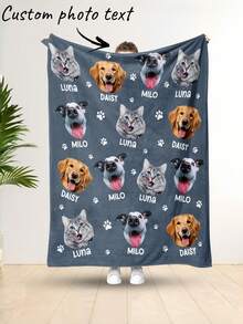 1pc Customized Photo Blanket, Personalized Text Photo Blanket, Personalized Blanket With Pet Photo, Friend Birthday Gift, New Home Gift. Decorative, Cool & Colorful, Unique, Customized Home Decor, Suitable For Him/Her, Family, Friends, Ideal Gift For Friends, Suitable For Anniversary, Birthday Gift, Decorative, Fashionable, Colorful, Vintage, Cute, Minimalist, Unique & Cute, Suitable For Sofa, Living Room, Bedroom, Outdoor, Office, Etc. - Multicolor - View 2