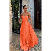 Summer New European And American Pure Color Strapless Pleated Sleeveless Dress - 橘色 - 查看 2