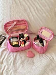 1pc Cute Pink Striped Large Capacity Makeup Bag, Multi-Functional Storage Bag With Built-In Mirror, Portable Toiletry Bag With Handle, Includes Brush Holder, Coin Purse, Pencil Case And Skincare Storage, Suitable For Travel And Back To School Season - Hot Pink - View 3