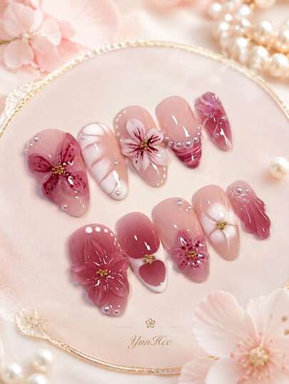 10pcs Ombre 3D Flower Decor Water Wave Rhinestone Y2K Style Shiny Full Cover False Nails Set, With Tools, Suitable For Women/Girls Party, Dance, Daily Wear, Perfect Gift