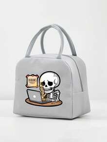 1 Pc, Creative Skeleton Pattern Printed Handbag, Large Capacity Handheld Lunch Box Bag, Suitable For Office Workers And Travel - one-size - View 3