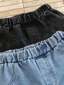 2pcs/Pack Spring/Autumn Children Girls Cuffed Floral Embroidered Denim Jeans, Casual Vacation Wear, Elastic Waist Long Pants - Multicolor - View 3
