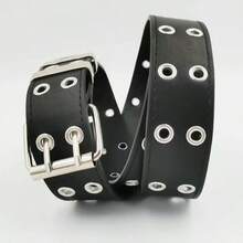 1 pieza Cinturón de cuero para hombre con hebilla de pasador de doble orificio, estilo punk, cinturón decorativo de cuero PU unisex hip hop - Negro - Ver 4