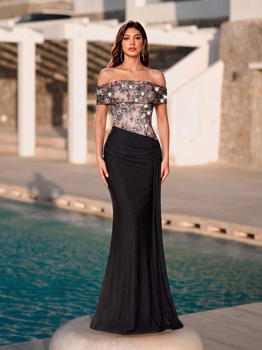 Elegant Off-Shoulder Lace Rhinestone Mermaid Long Dress, Mesh Waist Tie-Back Satin Formal Evening Gown, Suitable For Wedding Guests, Prom, Party, Holiday - Black - View 1