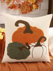 1 pièce/2 pièces Taie d'oreiller d'Halloween en canevas brodé Citrouille Feuille d'érable Oiseau Récolte d'automne Thanksgiving Canapé Salon Chambre Décoration de la maison Cadeau de fête - Vert - Voir 3