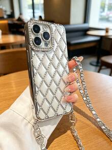 菱形格紋水鑽掛繩斜跨手機殼，適用於 iPhone 17/16/11/11 Pro/11 Pro Max/12/12 Pro/12 Pro Max/13/13 Pro/13 Pro Max/14/14 Pro/14 Plus/14 Pro Max/15/15 Pro/15 Plus/15 Pro Max 保護殼 - 銀色 - 查看 24