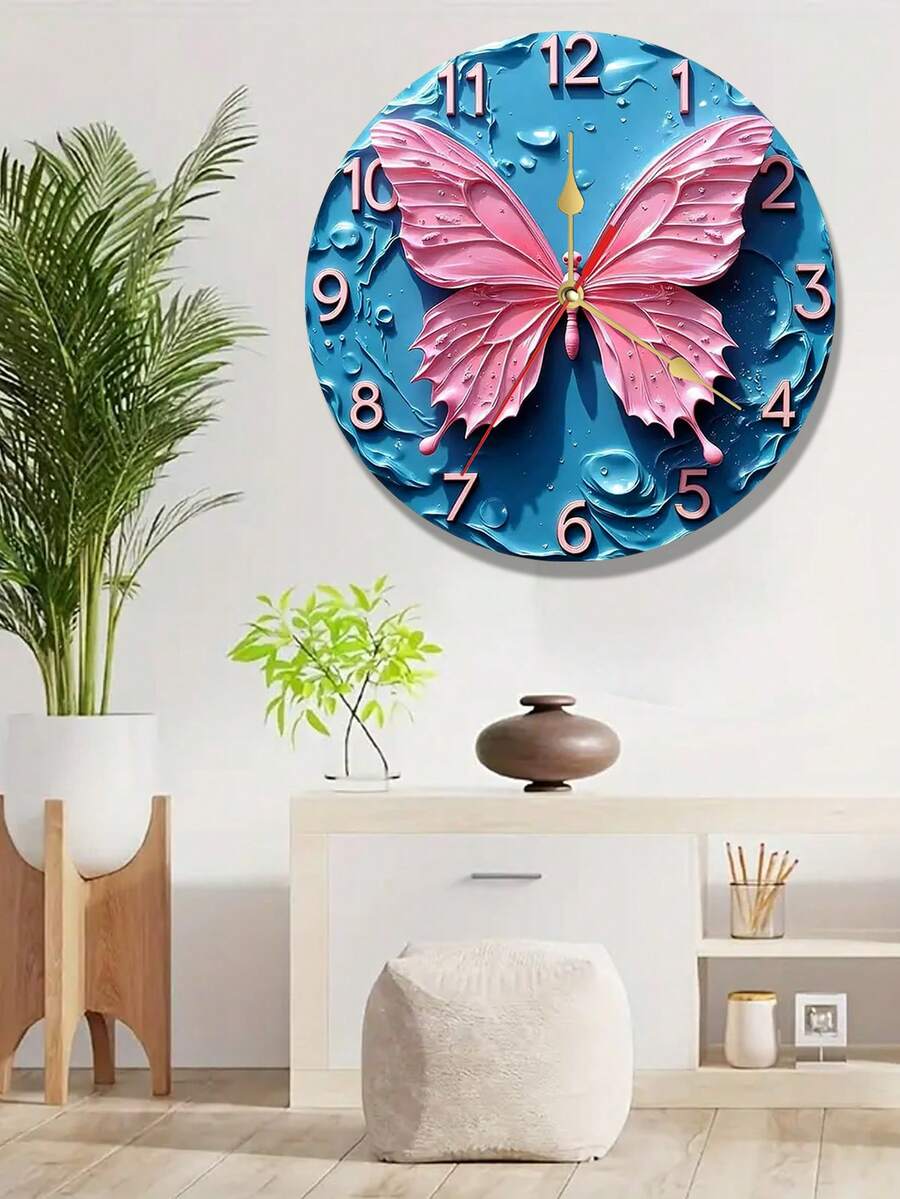 2D flache Wanduhr, rosa Schmetterlingsmuster-Themendesign, eine leise Holzwanduhr, geeignet für Wohnzimmer, Schlafzimmer, Bürodekoration, moderner Stil Wanduhr, Batterie nicht enthalten, 2D flach - Verschiedenfarbig - Übersicht 1