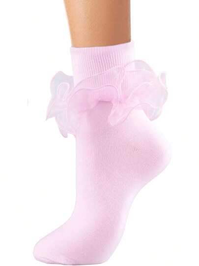 Ruffle Crew Socks Women, Cotton Comfort Ribbed Turn-Cuff Double Lace Cute Frilly Ankle Socks