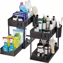 1pc Single Layer Pull-Out Storage Rack, Under Sink Drainage Storage Rack With Hooks, Kitchen Storage Drawer, Easy To Disassemble And Clean Storage Rack - Multiple Colors - View 2