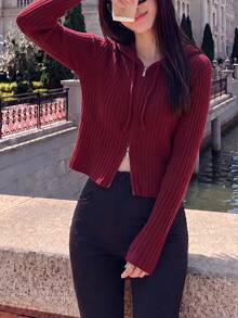 Women's Casual Elegant Vertical Striped Hooded Cardigan Knit Sweater Jacket, Red, Autumn/Winter - Red - View 5