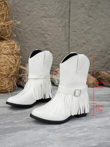 Women's Buckle Design Tassel Decor Pointed Toe Chunky Heel Western Boots Autumn/Winter New White Faux Leather Ankle Boots - White - View 5