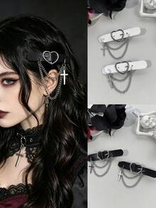 2pcs/Set Y2K Millennium Punk Style Solid Color Heart Buckle Side Clip Double Layer Chain Cross Pendant Design Girl Subculture Bangs Half-Up Hair Streetwear Atmosphere Hair Accessory - Multicolor - View 1