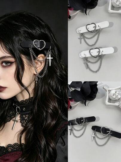 2pcs/Set Y2K Millennium Punk Style Solid Color Heart Buckle Side Clip Double Layer Chain Cross Pendant Design Girl Subculture Bangs Half-Up Hair Streetwear Atmosphere Hair Accessory