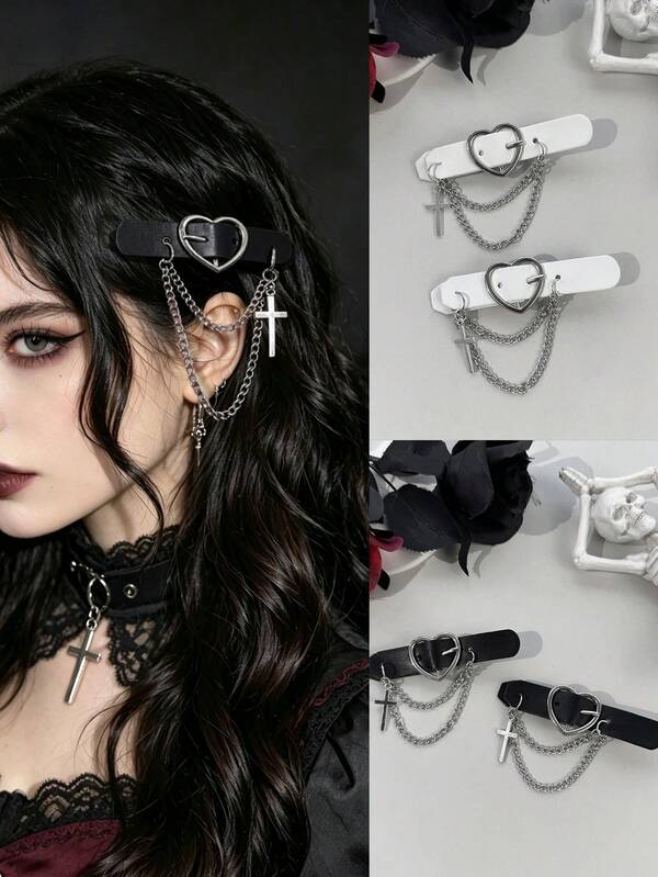 2pcs/Set Jepit Rambut Samping Gaya Punk Milenium Y2K Warna Solid Gesper Hati Rantai Ganda Liontin Salib Desain Subkultur Anak Perempuan Gaya Rambut Setengah Terangkat Streetwear Suasana Aksesori Rambut