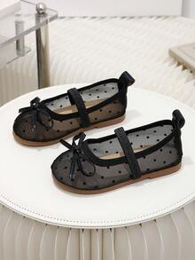 1 Pair Black Girls Sweet Polka Dot Mesh Bow Round Toe Mary Jane Flat Shoes, Suitable For Dress, Birthday, Performance, 2026 New Style - Black - View 1