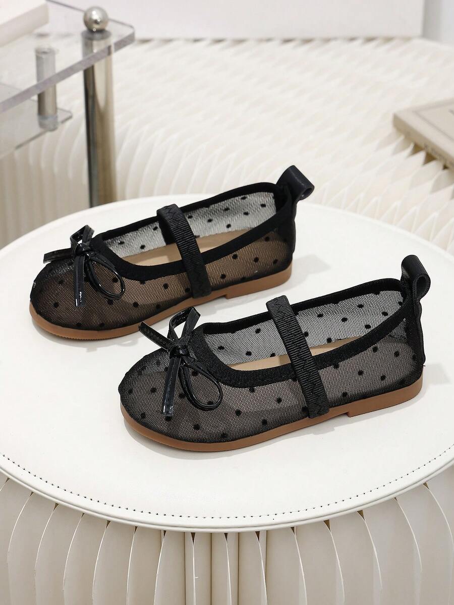1 Pair Black Girls Sweet Polka Dot Mesh Bow Round Toe Mary Jane Flat Shoes, Suitable For Dress, Birthday, Performance, 2026 New Style - Black - View 1