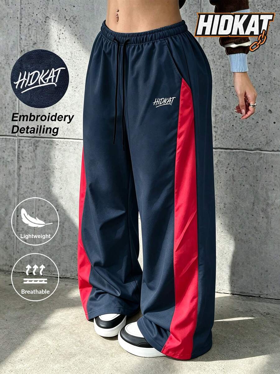 Hidkat Women's Spring/Autumn Long Pants, Drawstring Waist, Loose Fit, Embroidered Contrast Color, American Vintage Streetwear